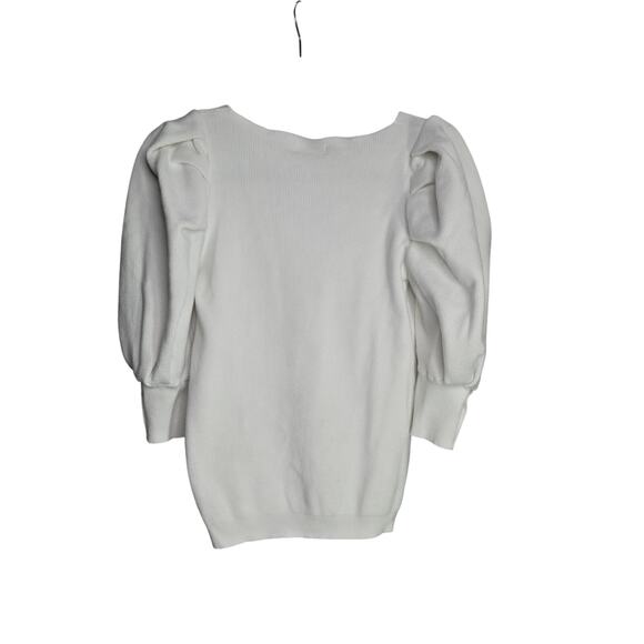 Puff Sleeve Gold Detail White Low Cut Contemporary Cozy Casual Sweater Top | S - Picture 5 of 9